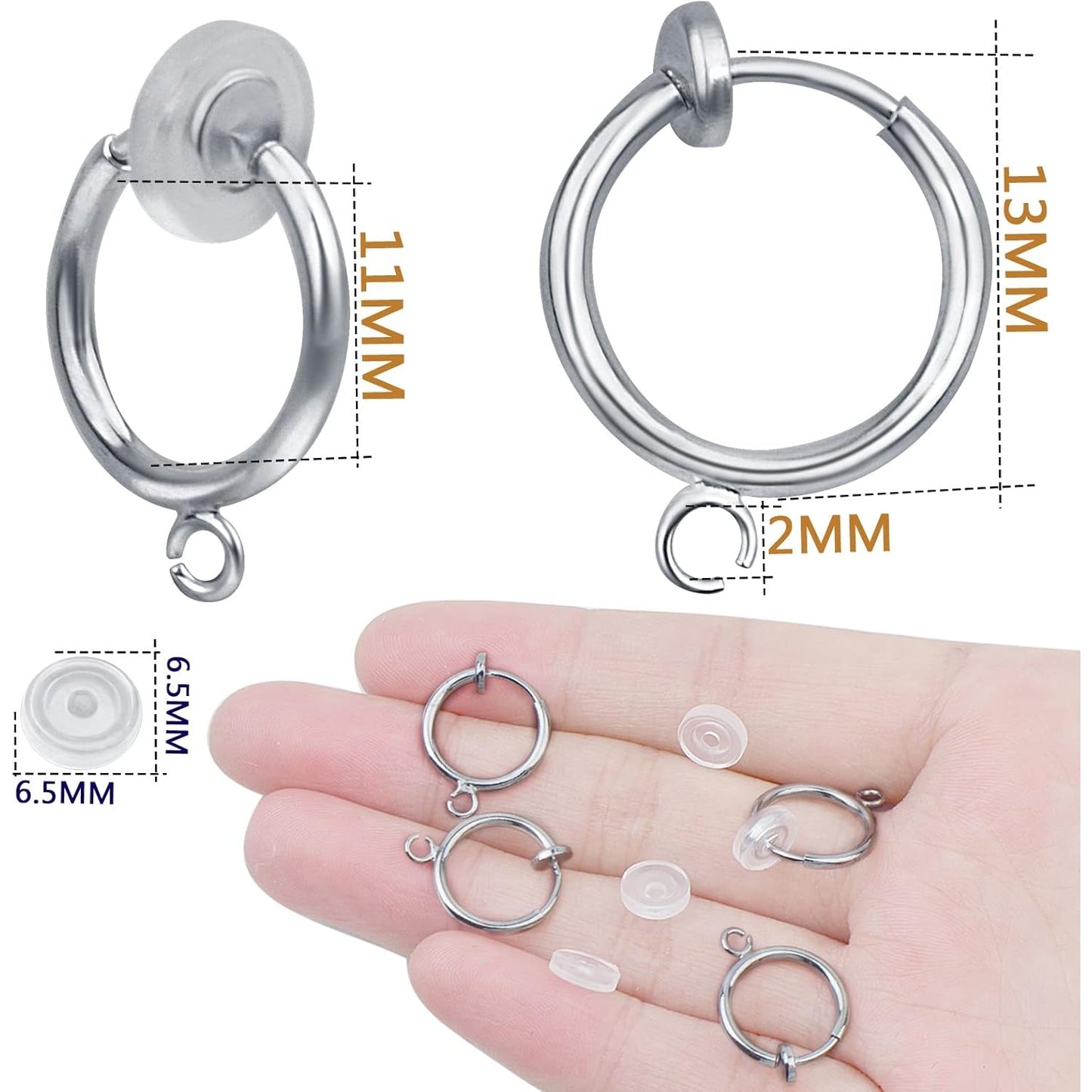 16pcs Brass Clip-on Hoop Earring Converters Round Dangle Ear Clips Classic Earring Findings with Open Loop for Non-Pierced Ears Jewelry Making, Bright Silver