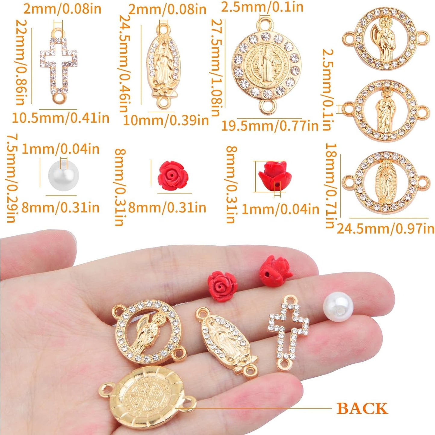 10pcs Golden Religious Cross Charms Connectors, 10pcs Virgin Mary Pendant Links, 20pcs Cinnabar Carved Red Rose Beads and 300pcs White Pearls for DIY Rosary Necklace Jewelry Making Supplies
