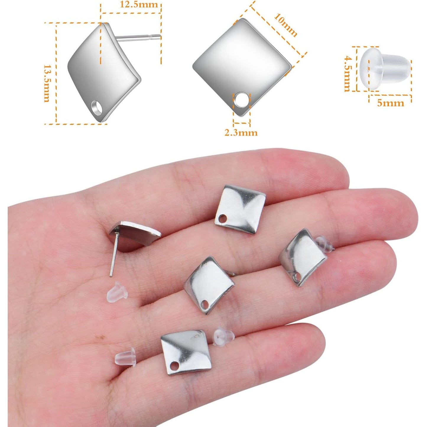 30pcs Stainless Steel Stud Earrings Settings Square Flat Blank Earring Posts Studs with Loop and 30pcs Silicone Bullet Ear Backs Stoppers for DIY Jewelry Making, Silver