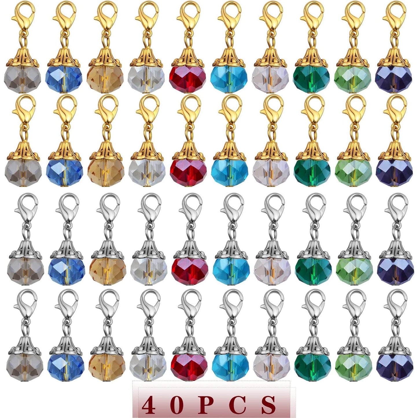 40pcs Colorful Crystal Dangle Charms Antique Golden Silver Flower Bead Cap Drops Pendants with Lobster Claw Clasps for DIY Bracelet Necklace Earrings Jewelry Making