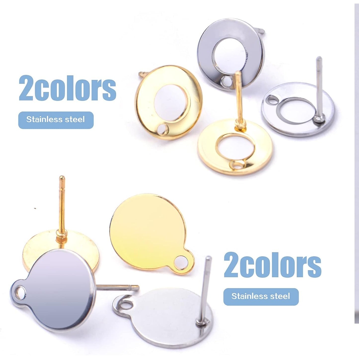 40pcs Stainless Steel Stud Earrings Round Rondelle Blank Earring Post Pins with Loop Hole and 40pcs Butterfly Earring Backs for DIY Jewelry Making Findings, Gold, Steel