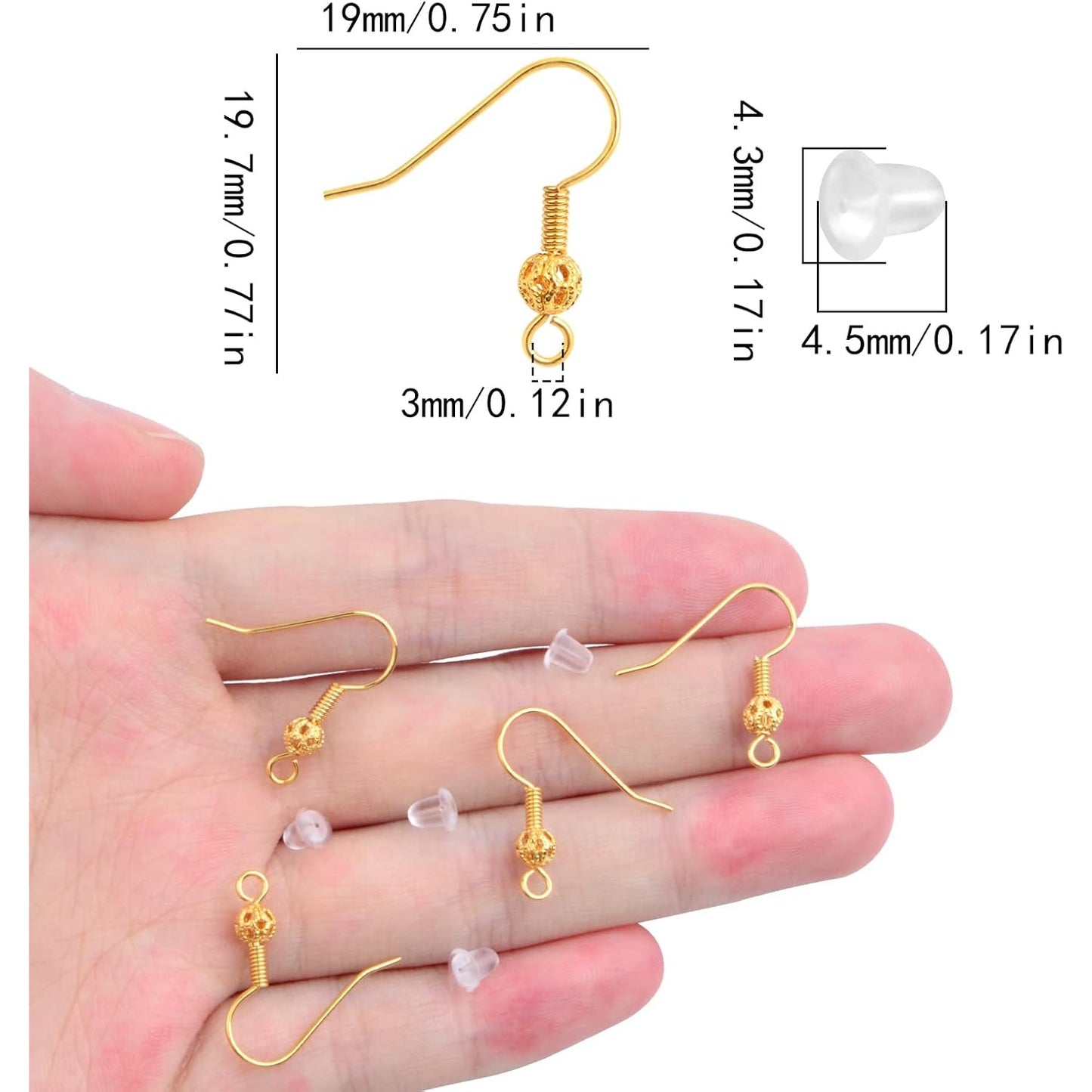 30pcs Golden Hypoallergenic Earring Fish Hooks Brass French Hollow Flower Ball Earwire Hooks and 30pcs Clear Earring Safety Backs for DIY Earrings Jewelry Making Supplies