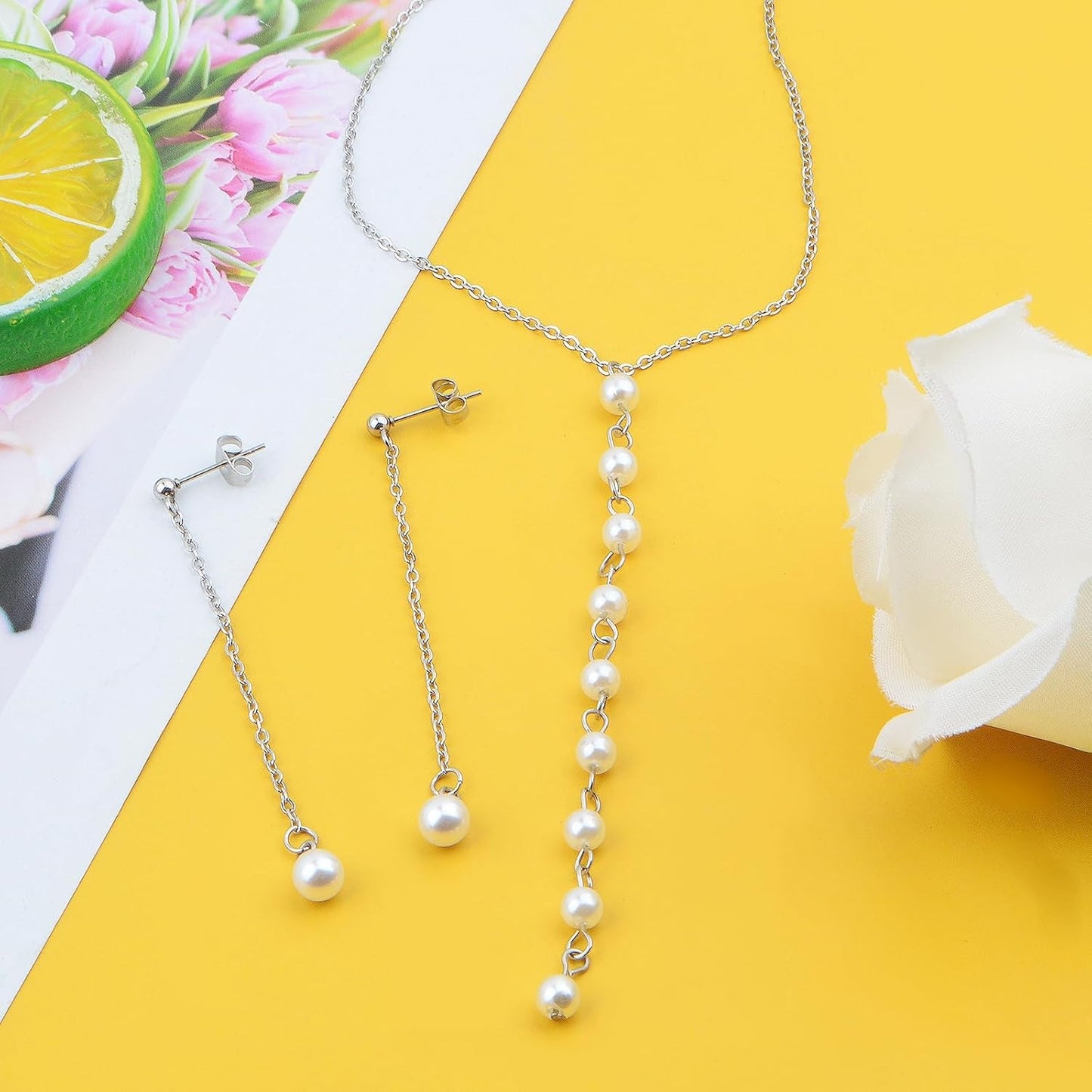 1pcs Stainless Steel Pearls Pendant Necklace and 1 Pair Long Tassel Pearl Dangle Earring Studs Jewelry Set for Women Brides Bridesmaids Birthday Wedding Gifts