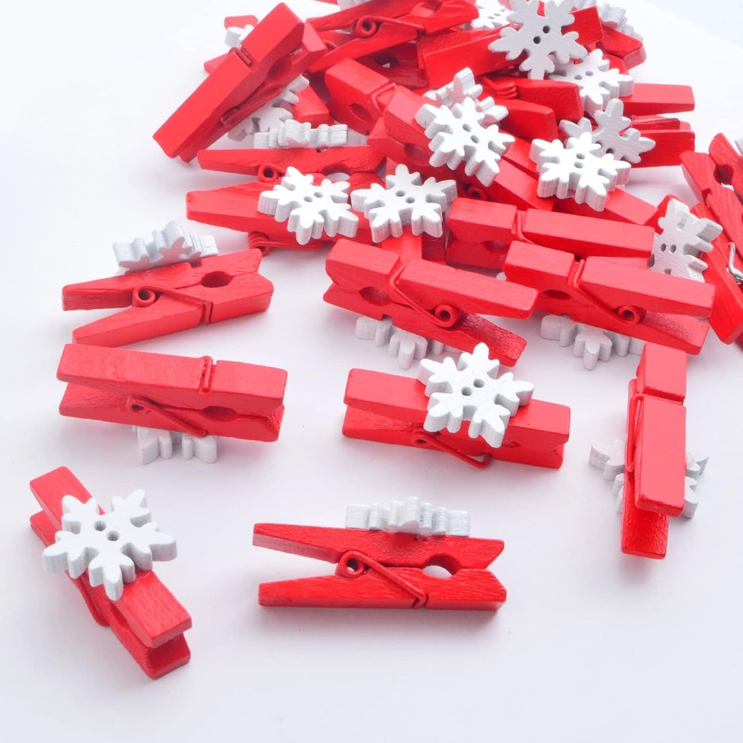 50 Pieces Snowflake Wood Clips Christmas Snowflake Wooden Clothespins Photo Frame Paper Peg Pins DIY Craft Clips for Home School Art Crafts, Red
