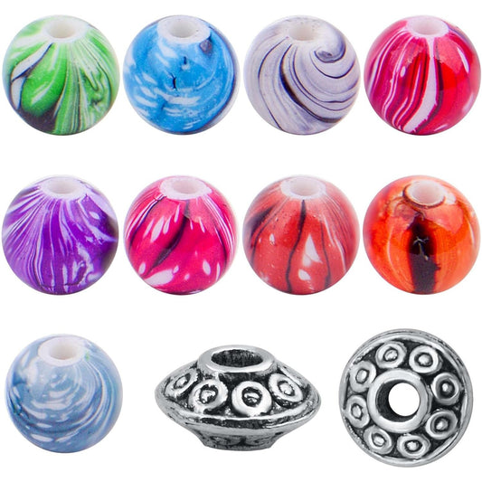 250pcs Colorful Round Loose Beads Acrylic Craft Beads in Ink Patterns and 50pcs Vintage Antique Silver Cone Spacer Beads for DIY Necklace Bracelet Jewelry Making Supplies