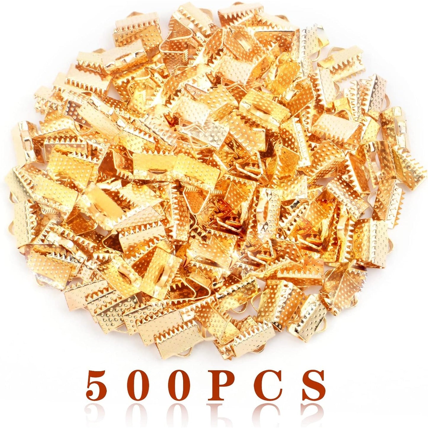 500pcs KC Golden Ribbon Ends Metal Pinch Crimp Clamp Ends Cord Ends Fasteners Clasp Findings for DIY Bracelet Anklets Leather Bookmark Jewelry Making, 10x7.5x5.5 mm