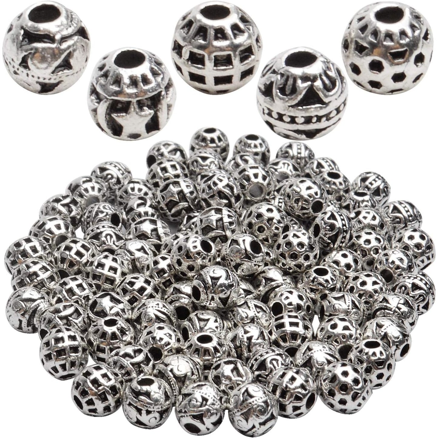 100pcs Tibetan Antique Silver Round Spacer Beads Hollow Spacer Charm Beads for Necklace Bracelet Crafts Jewelry Making,5 Styles
