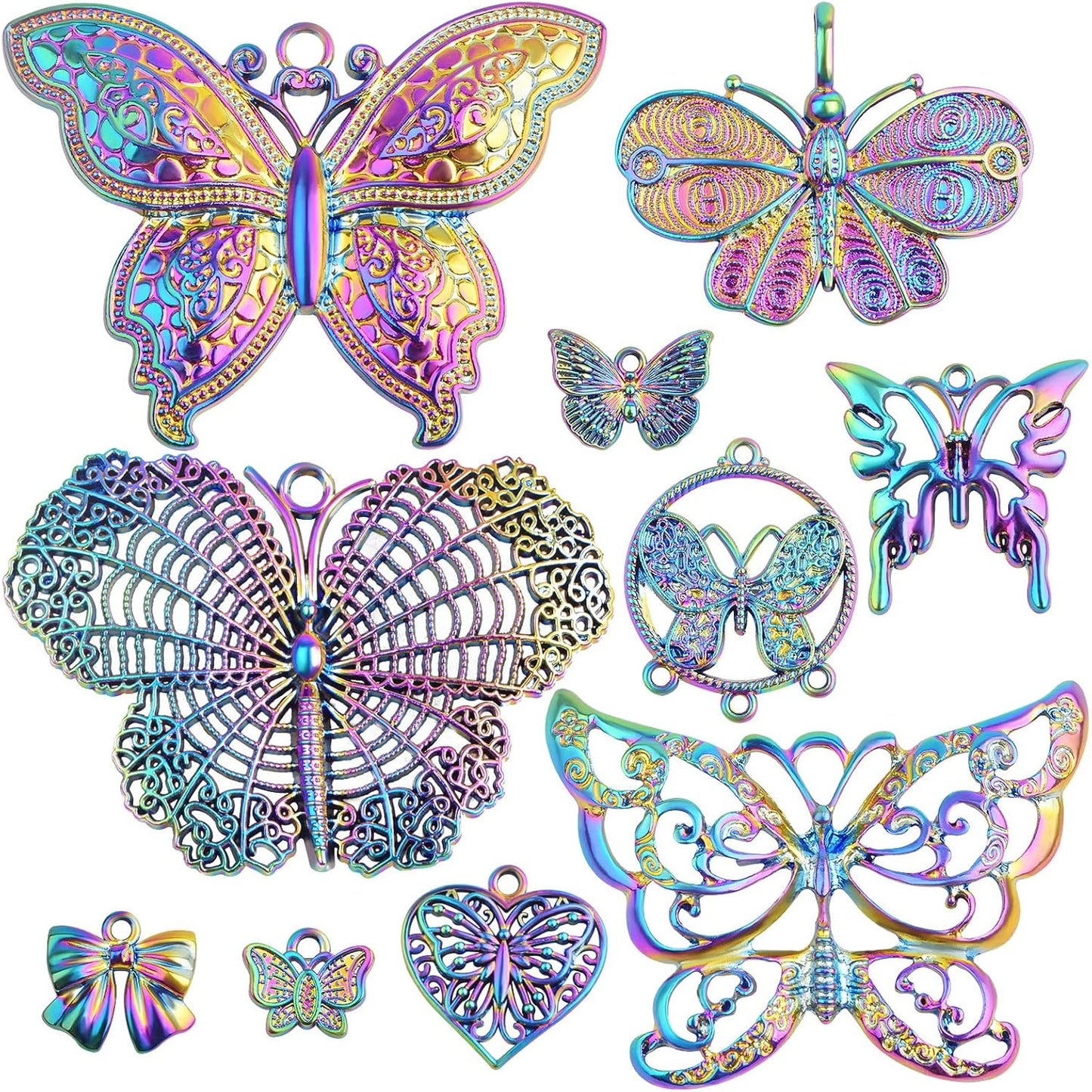 10pcs 10 Styles Butterfly Dangle Charms Alloy Butterfly Shape Pendants Ornaments Craft Supplies for DIY Bracelet Necklace Earrings Jewelry Making Hair Clip, Rainbow Color