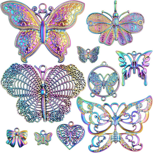 10pcs 10 Styles Butterfly Dangle Charms Alloy Butterfly Shape Pendants Ornaments Craft Supplies for DIY Bracelet Necklace Earrings Jewelry Making Hair Clip, Rainbow Color