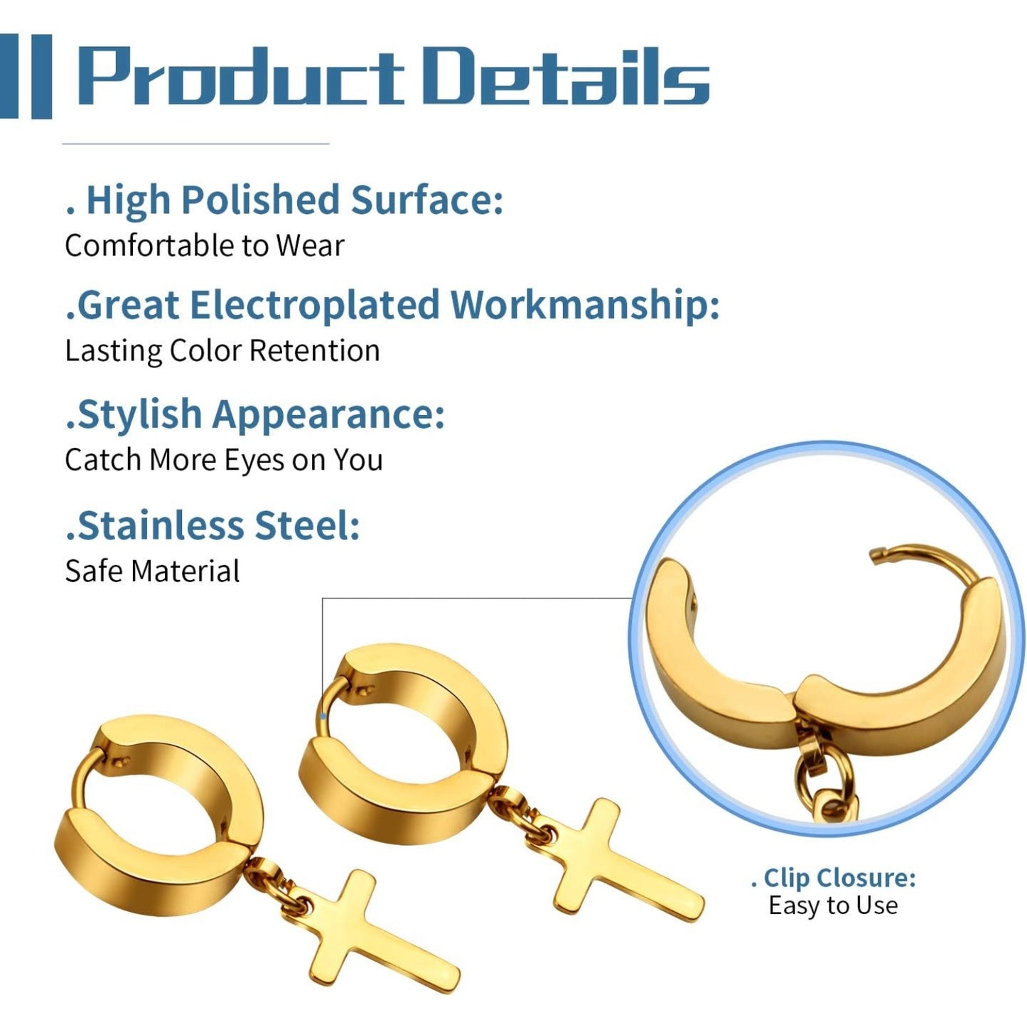 5 Pairs Stainless Steel Hoop Earrings Small Hypoallergenic Hoops Huggie Earrings with Cross for Men Women,5 Colors