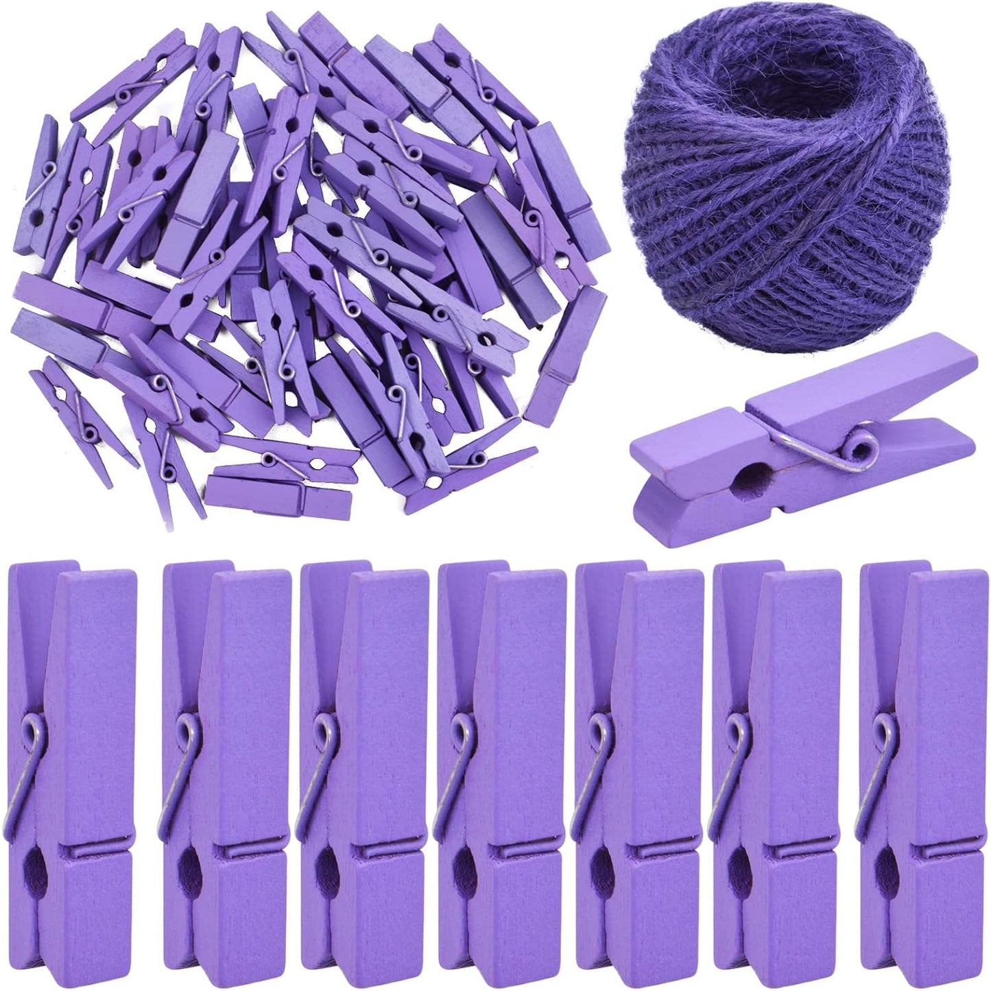 50pcs Purple Mini Wooden Pegs Pins Hardwood Photo Clips Clothespins Non Slip Laundry Pegs with 1 Roll Natural 50 M Jute Twine for Paper Photo Hanging Arts Crafts Decor