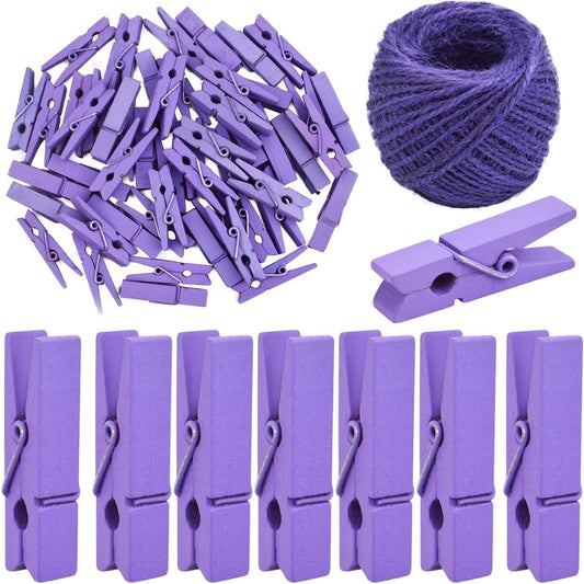 50pcs Purple Mini Wooden Pegs Pins Hardwood Photo Clips Clothespins Non Slip Laundry Pegs with 1 Roll Natural 50 M Jute Twine for Paper Photo Hanging Arts Crafts Decor