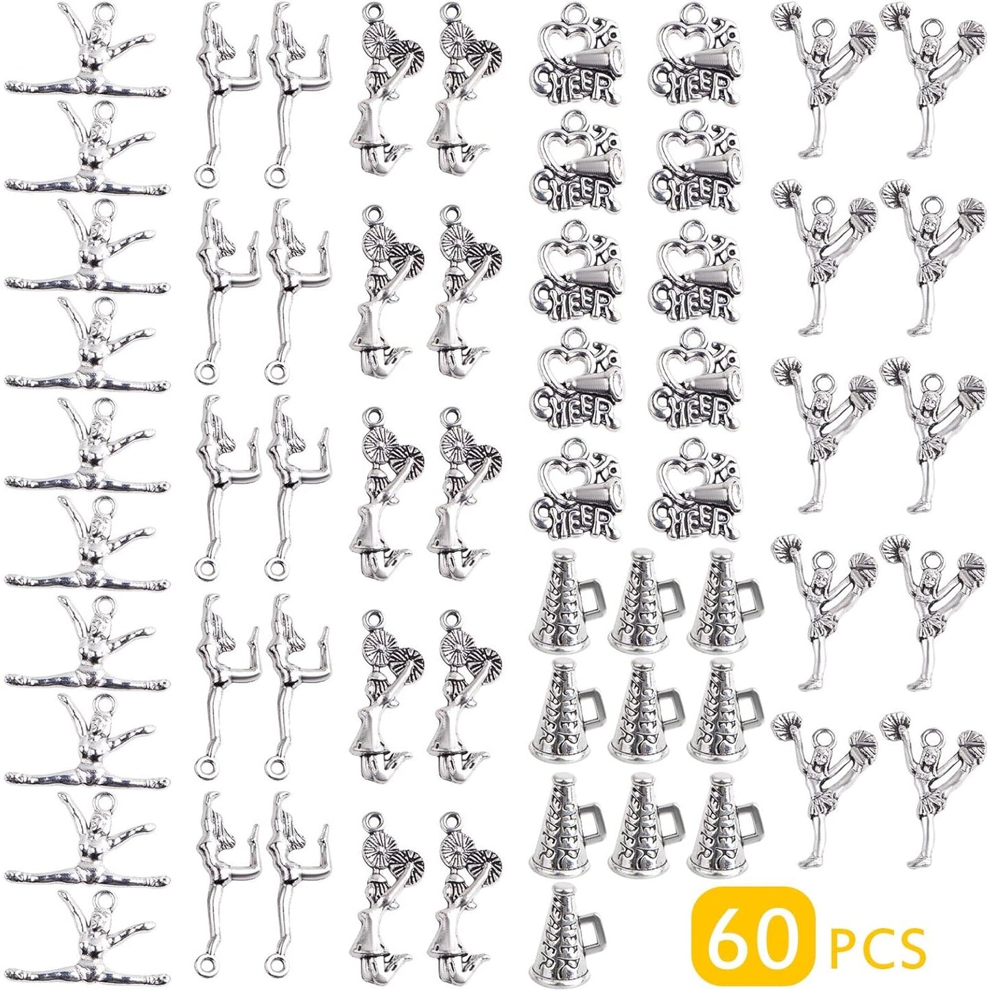 60pcs 6 Styles Antique Silver Cheerleading Theme Charms Tibetan Alloy Gymnastics School Sports Dangle Pendants for DIY Necklace Bracelet Jewelry Making Findings