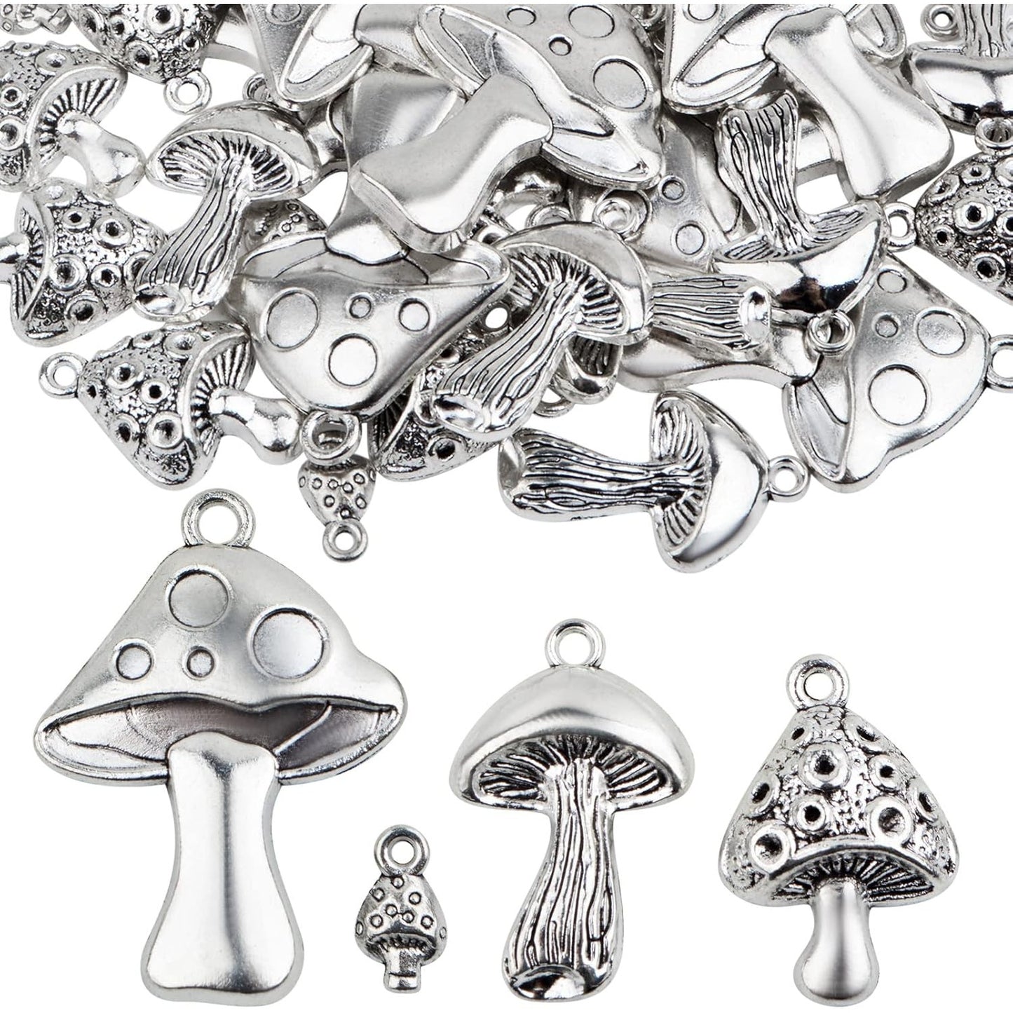 40pcs Antique Silver Mushroom Charms Vintage Alloy Cute Mushroom Dangle Pendants Craft Supplies for DIY Necklace Bracelet Keychain Jewelry Making Findings, 4 Styles