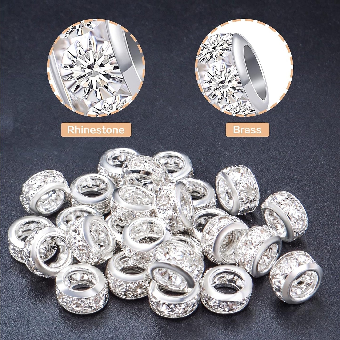40pcs 10 mm Silver European Rhinestone Spacer Beads Brass Large Hole Beads Round Rondelle Loose Charm Beads for Snake Chain Bracelet Necklace Jewelry Making Supplies, Hole: 5.5 mm