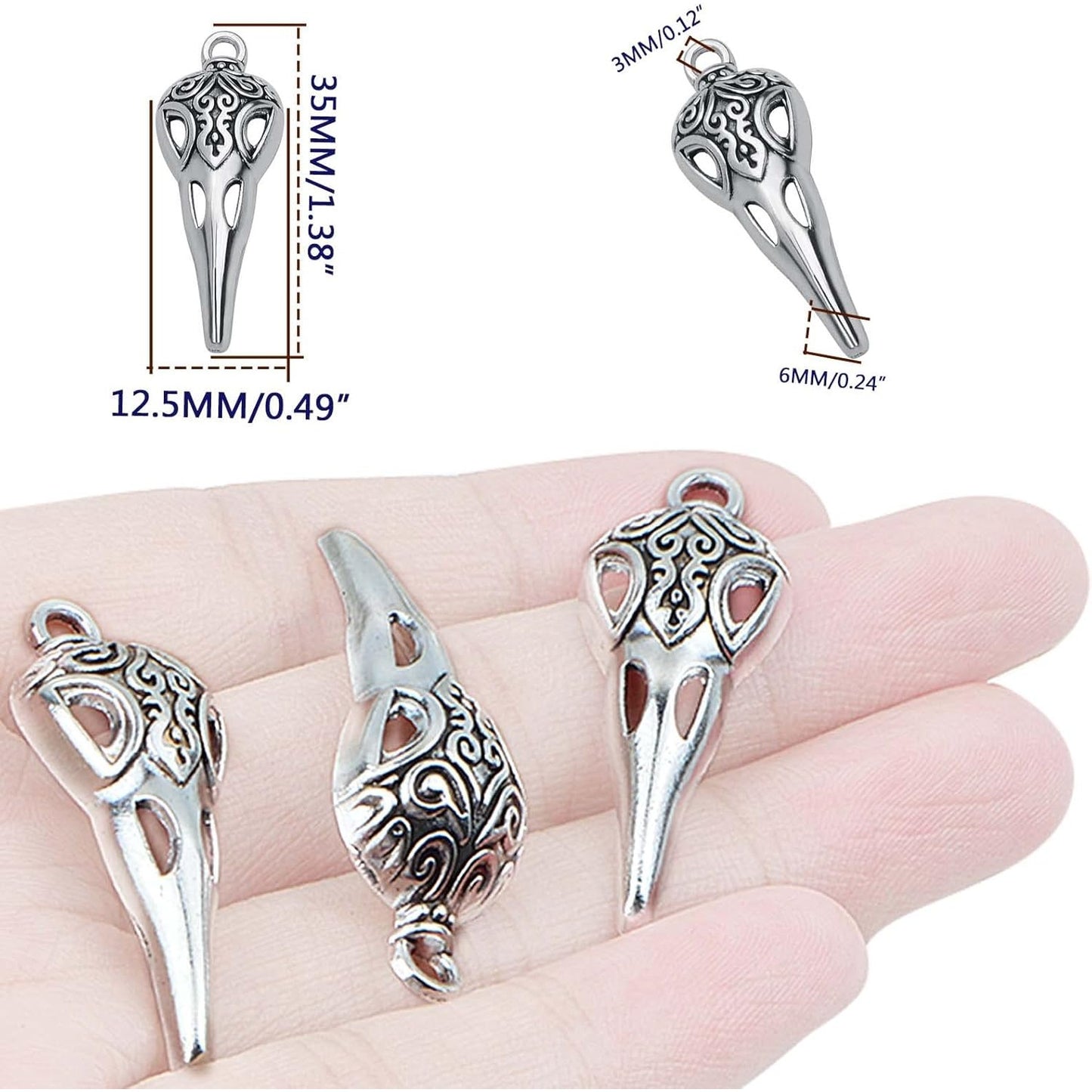 50pcs Antique Silver Skull Bird Head Charms Tibetan Style Alloy Raven Bird Skull Skeleton Pendant Charms for Halloween Witch Pagan DIY Jewelry Making