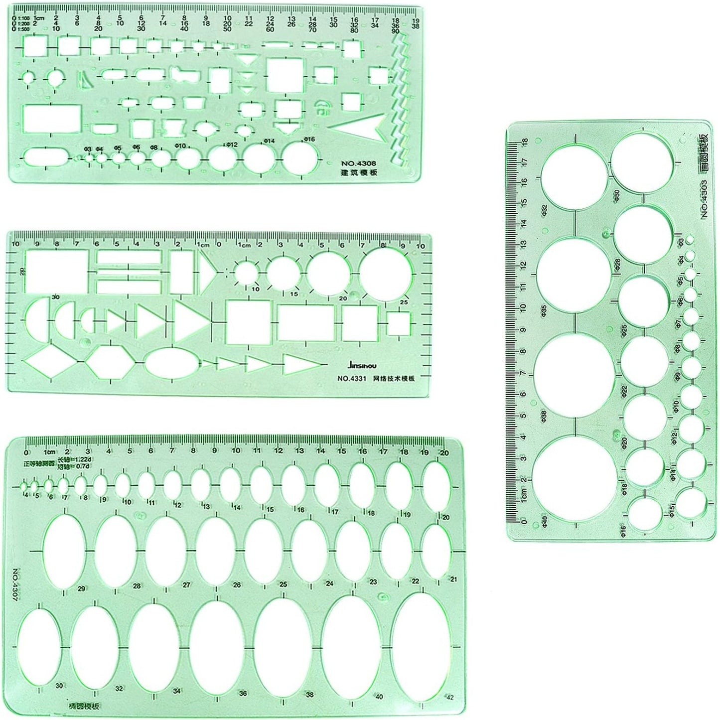 4pcs Plastic Measuring Templates Drafting Drawing Stencils Geometric Rulers for Office and School, Building Formwork(Clear Green)