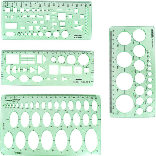 4pcs Plastic Measuring Templates Drafting Drawing Stencils Geometric Rulers for Office and School, Building Formwork(Clear Green)