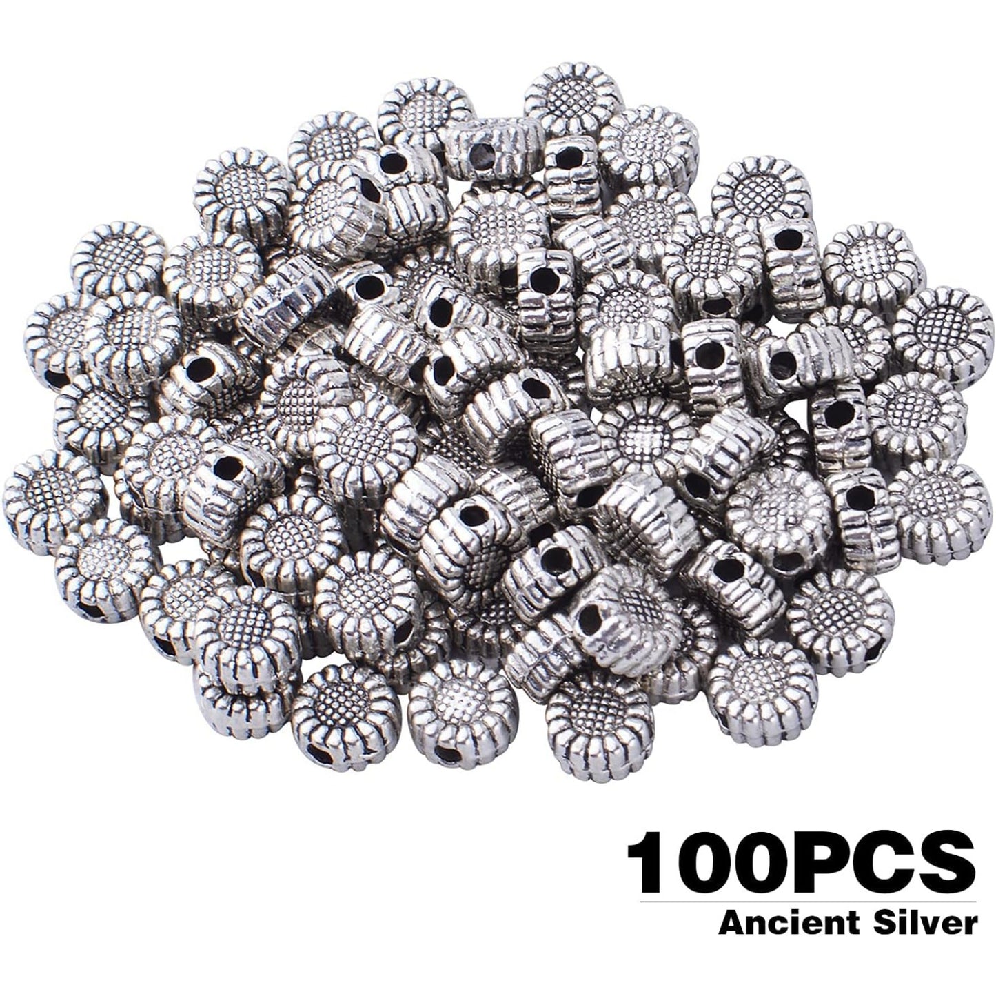 100pcs Antique Silver Sunflower Spacers Beads Tibetan Alloy Flower Bead Spacer Charm Beads Loose Bead Spacers for DIY Bracelet Necklace Jewelry Crafts Making Accessories
