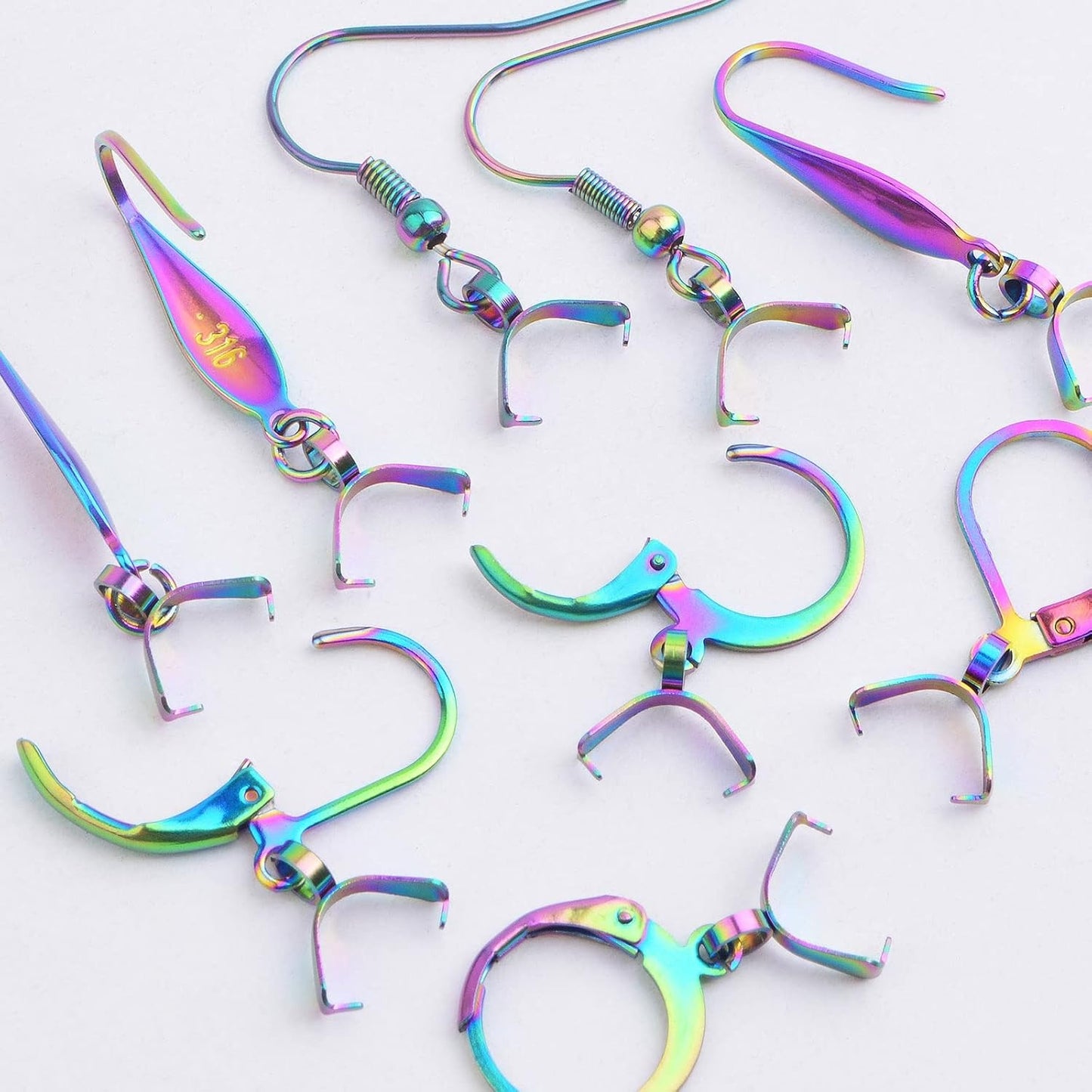 40pcs 4 Styles Stainless Steel French Earring Hooks Hypoallergenic Leverback Earwire Fish Hooks with Pinch Bail Clasps for DIY Dangle Earrings Jewelry Making, Rainbow Color
