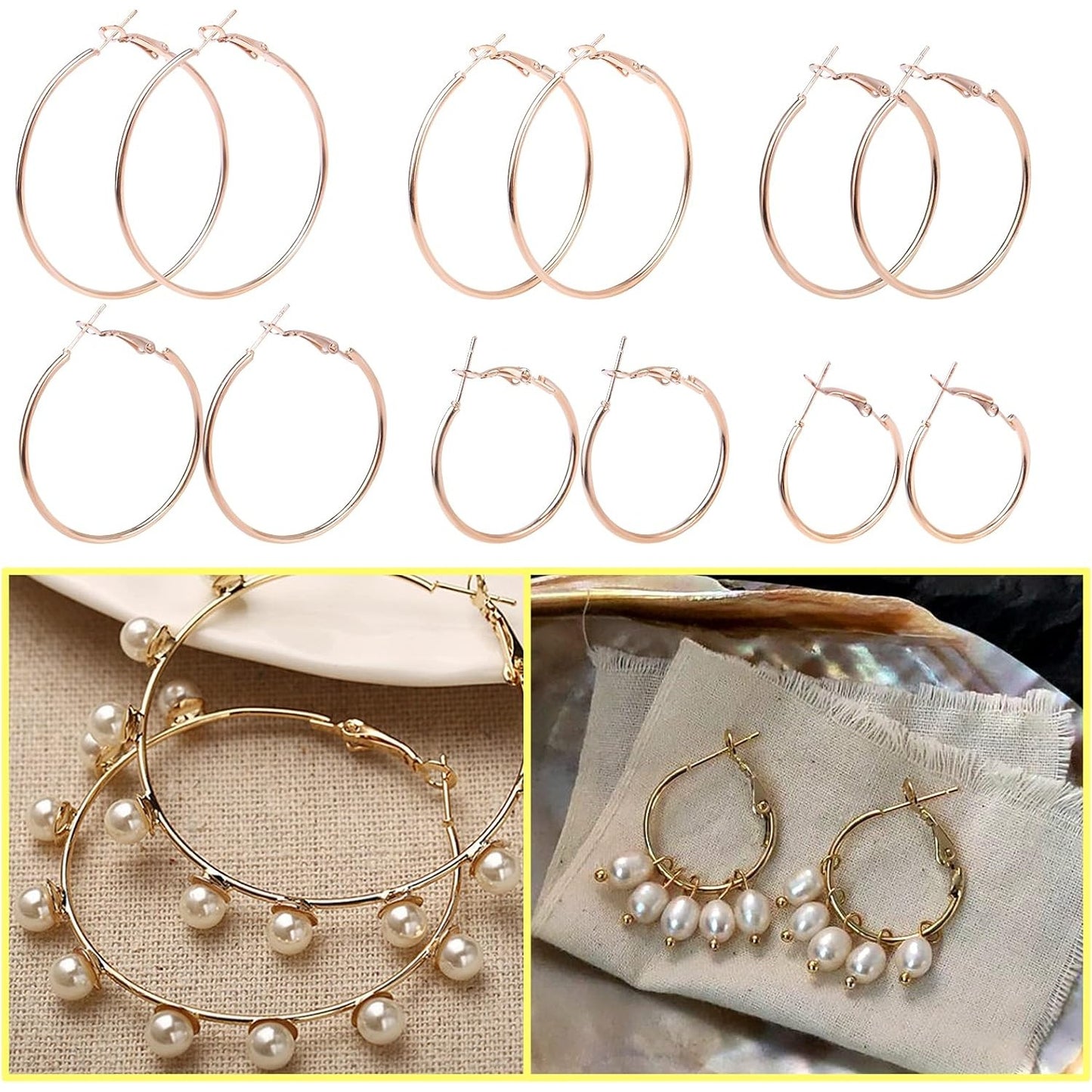 12 Pairs 6 Sizes Beading Earring Hoop Round Earrings Hypoallergenic Hoop Earrings Open Beading Hoop Earring Findings for DIY Crafts Gift Wedding Party Festival Favor(Gold, Silver)