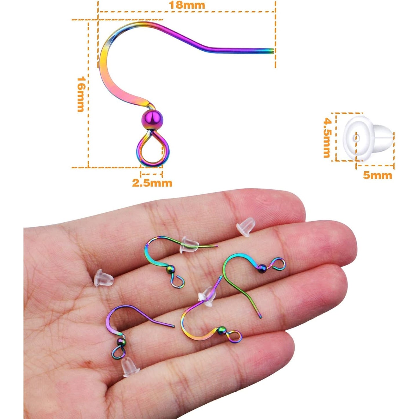 50pcs Stainless Steel Earring Hooks Hypoallergenic Ear Wires Earring Fish Hooks with 50pcs Clear Silicone Earring Backs for DIY Jewelry Making(Rainbow Color)