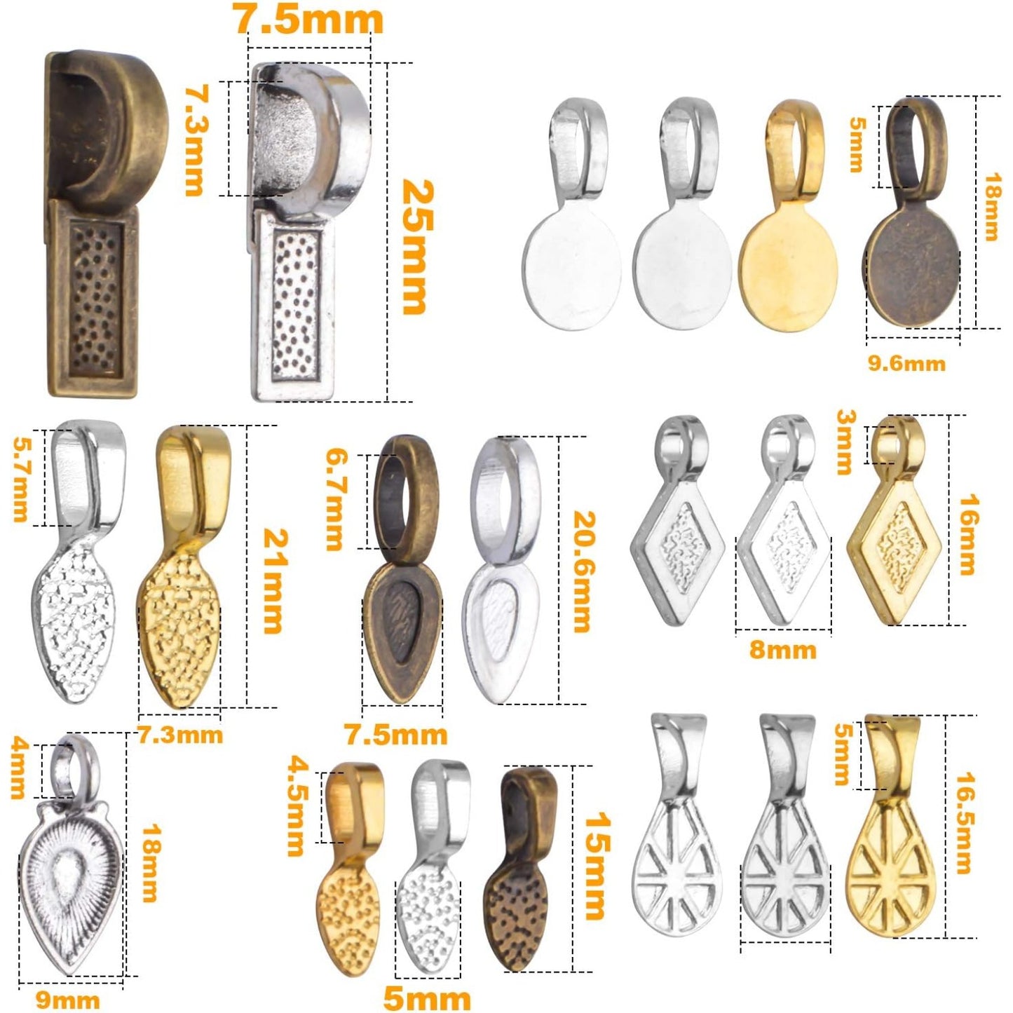 80pcs Glue on Bails Mixed Pendant Bails Glass Cabochon Tiles Pendants for Jewelry Making Necklace,20 Styles