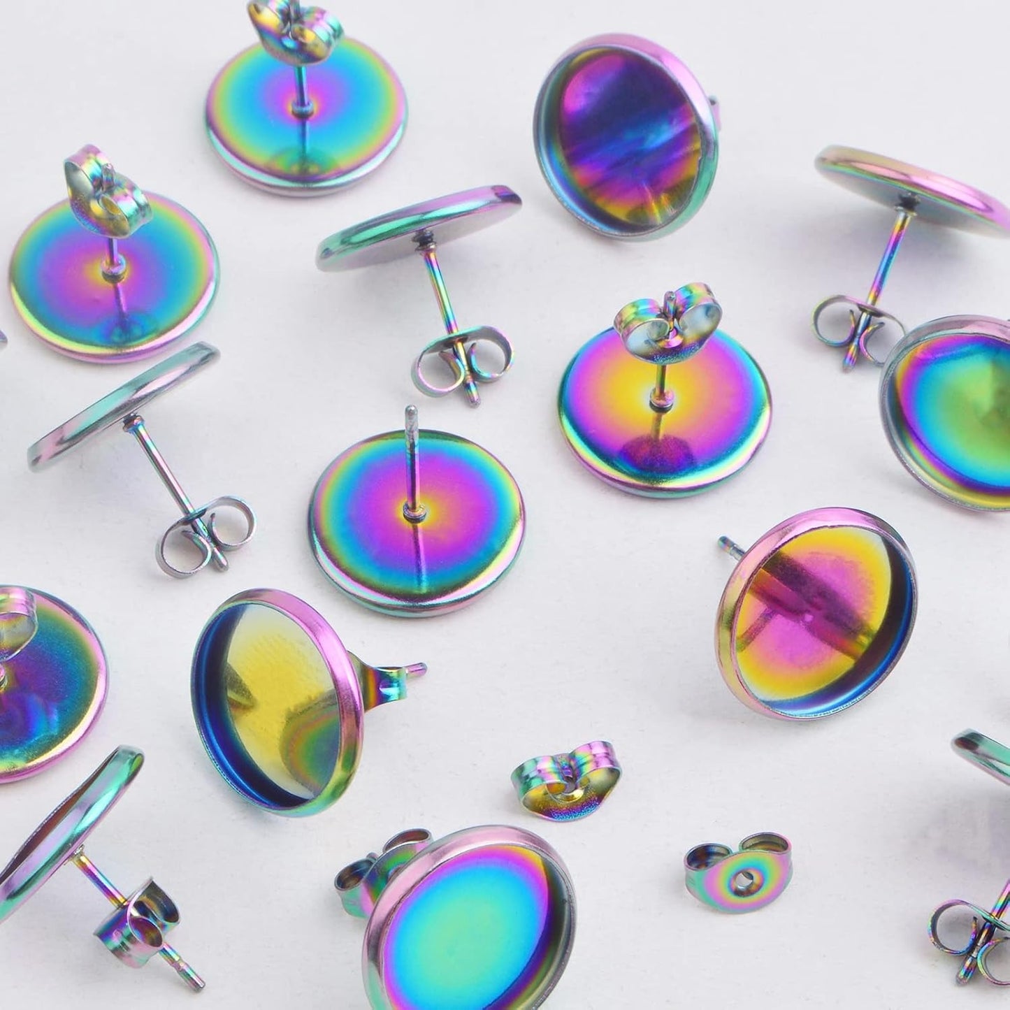 50pcs Stainless Steel Stud Earring Cabochon Settings Flat Round Blank Bezel Earring Post Cup fit for 12 mm Cabochon with 50pcs Butterfly Earring Backs for DIY Jewelry Making, Rainbow Color