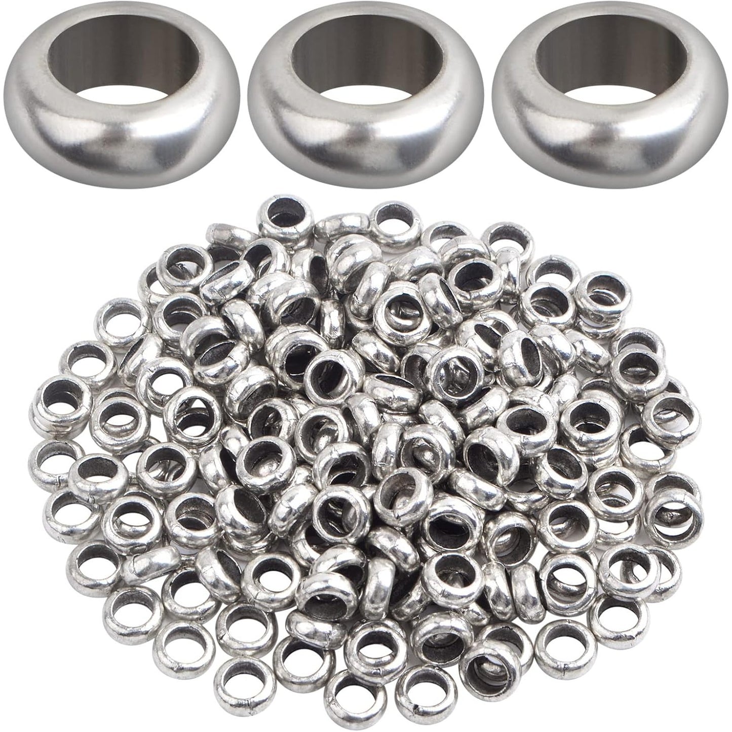 200pcs Antique Silver Large Hole Round Spacer Beads Tibetan Alloy Rondelle Spacer Beads Tiny Smooth Loose Beads for DIY Bracelet Necklace Jewelry Craft Making, Hole: 4.5 mm