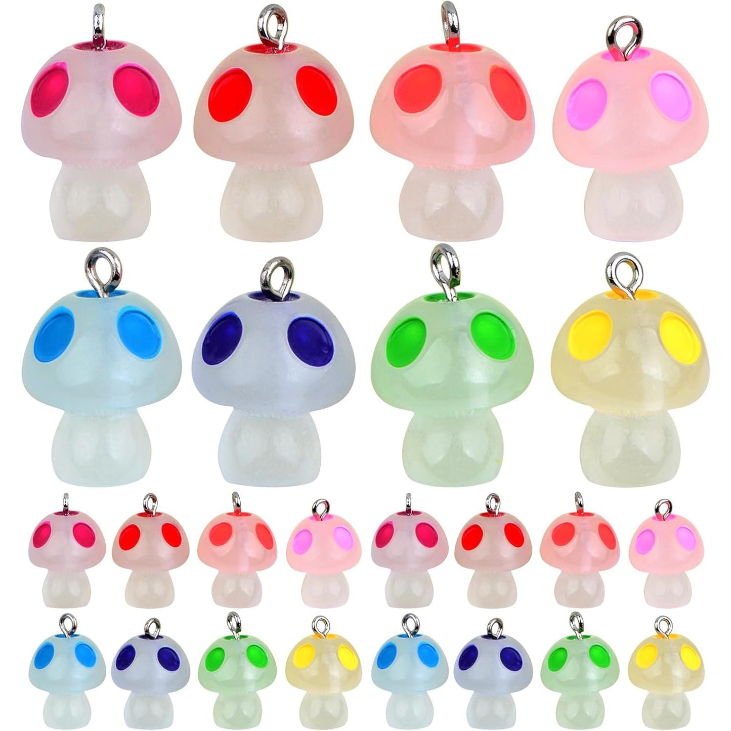 50pcs Luminous Mushroom Charms Resin Glow in The Dark Mushrooms Pendant Cute Mushroom Shape Charm Ornaments with Eye Pins for DIY Bracelet Necklace Earrings Jewelry Making, 8 Colors