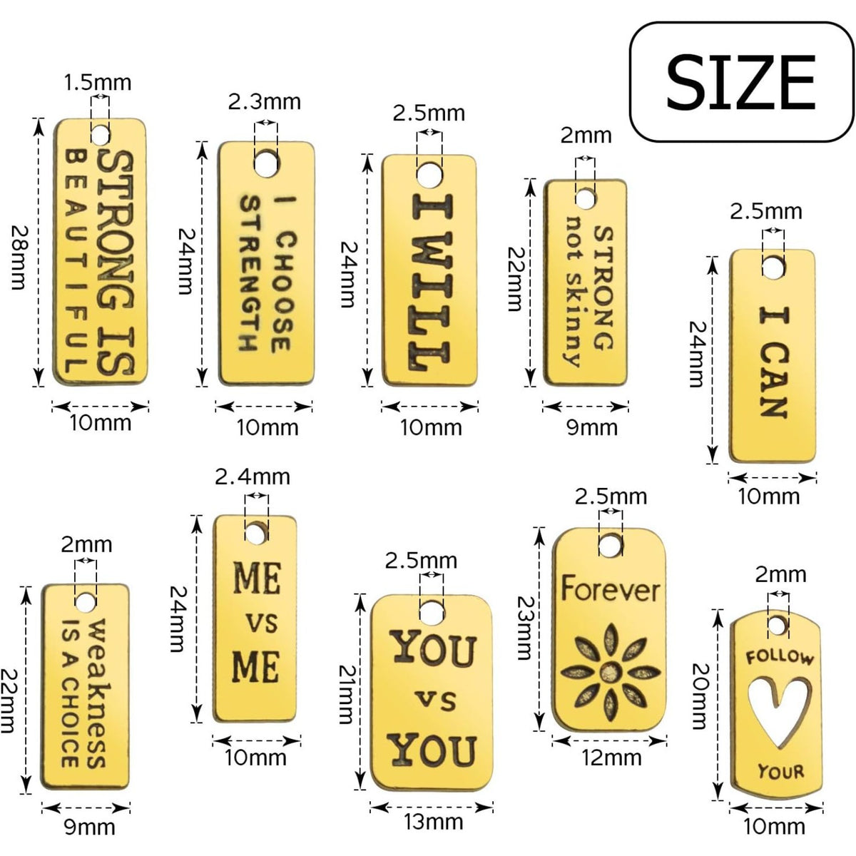 Word Pendants Charms,50pcs Inspiration Words Charms Golden Lettering Pendants Engraved Message Charm Craft Supplies for Jewellery Making DIY Necklace Bracelet Earrings,10 Styles