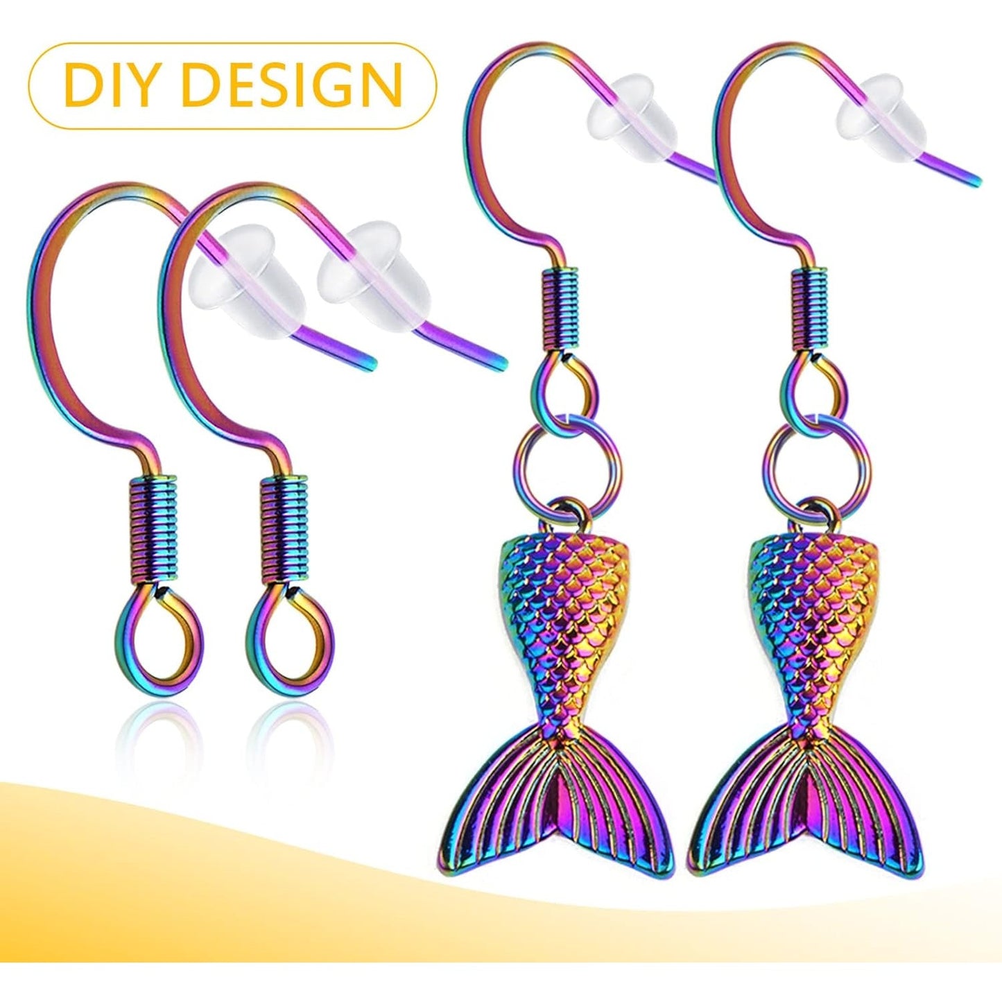50pcs Stainless Steel Earring Hooks Hypoallergenic French Ear Wire Fish Hooks with 50pcs Clear Earring Safety Backs for DIY Earrings Jewelry Making Supplies, Rainbow Color