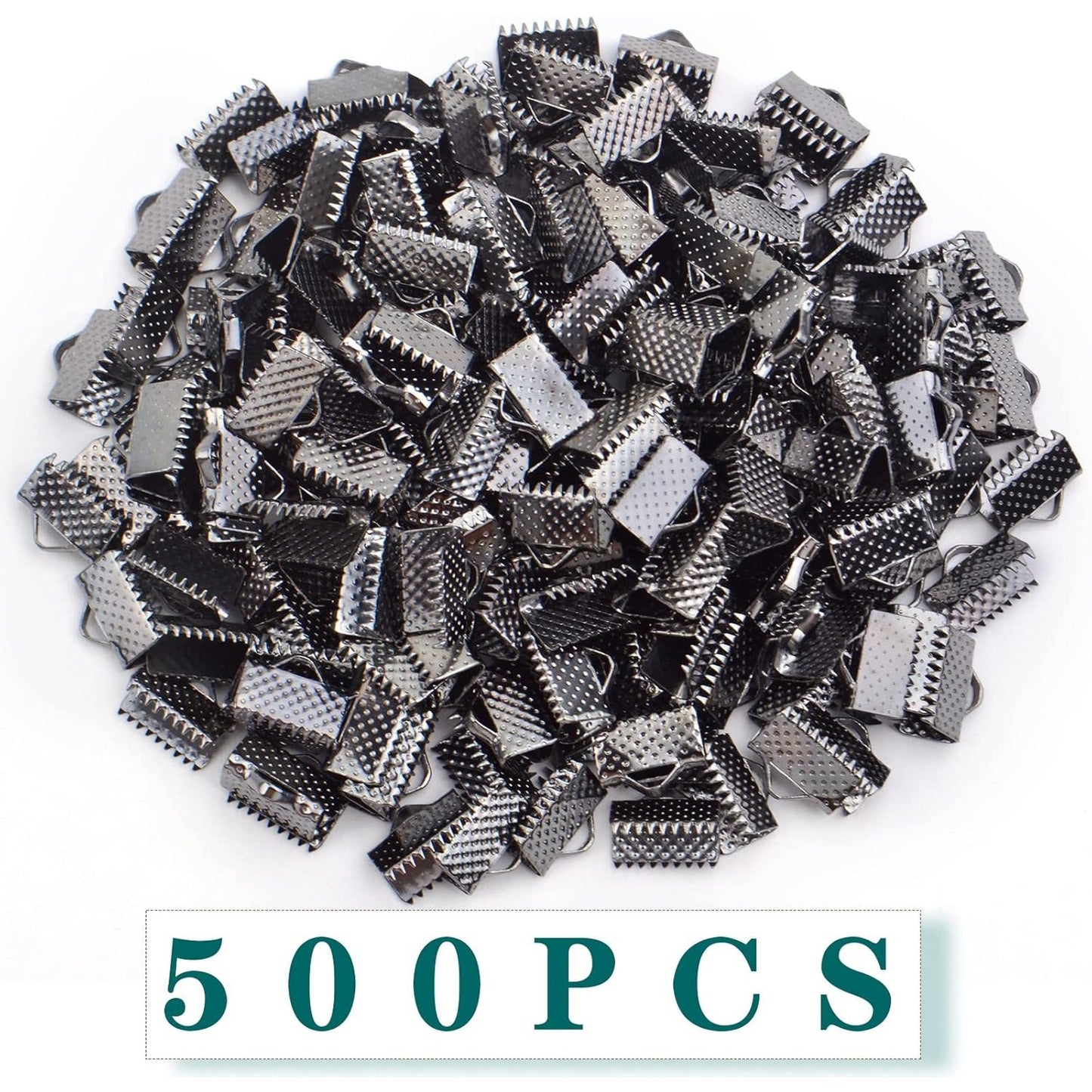 500pcs Ribbon Pinch Crimp Clamp Ends Metal Cord Ends Fasteners Clasp Connectors for DIY Bracelet Bookmark Lanyard Leather Chain Extenders Jewelry Making, Gun Black