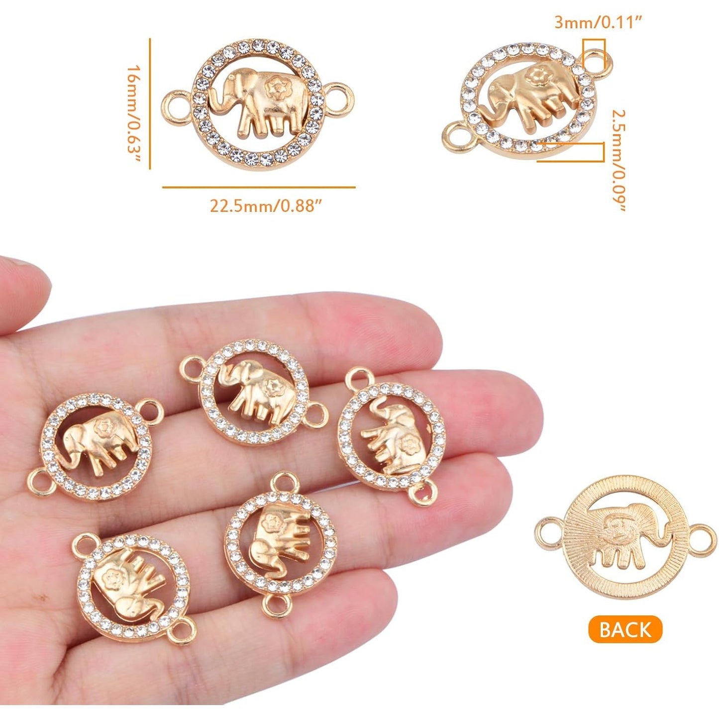 30pcs Golden Rhinestone Elephant Charms Connectors Creative Animal Elephant Double Hole Pendants Links Craft Supplies DIY Bracelet Necklace Keychains Jewelry Making