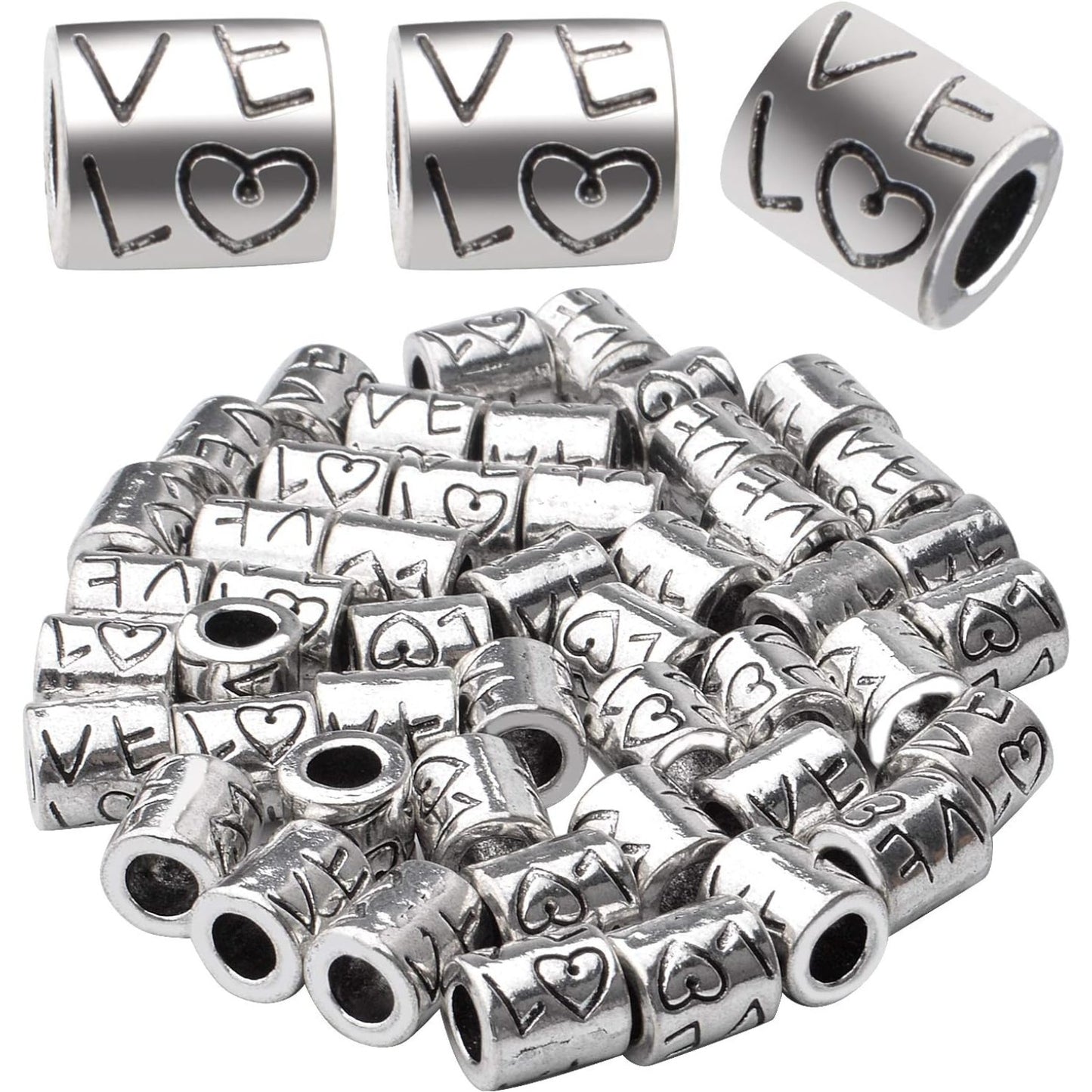 50pcs Tibetan Antique Silver Large Hole Spacer Beads 'Love' Word Column Beads Tube Spacers for Bracelet Necklace Jewelry Crafts Making Supplies