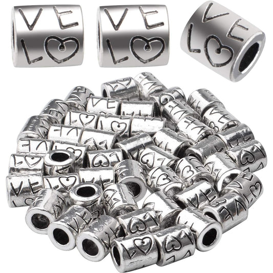 50pcs Tibetan Antique Silver Large Hole Spacer Beads 'Love' Word Column Beads Tube Spacers for Bracelet Necklace Jewelry Crafts Making Supplies