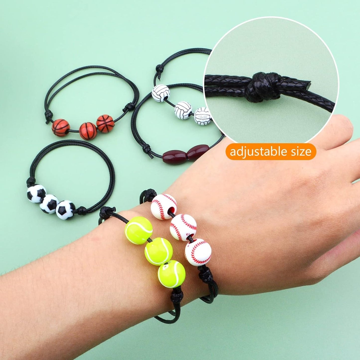 12pcs Adjustable Sport Theme Ball Charm Bracelets Soccer Basketball Baseball Volleyball Tennis Rugby Bracelet Wristbands Friendship for Teens Students Sport Team Players, 6 Styles