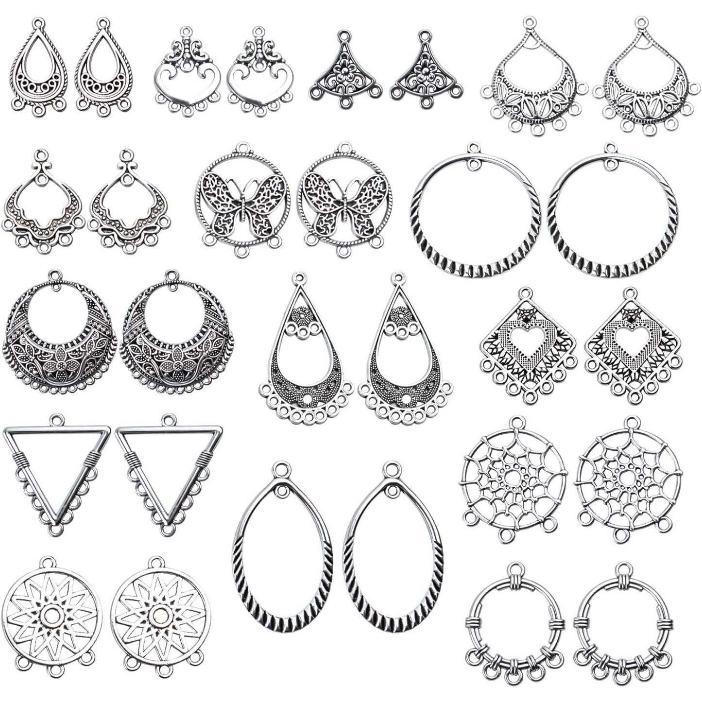 30 Pieces Antique Silver Chandelier Earrings Earring Component Connector Charms Jewelry Making for Earring Drop and Charm Pendant, 15 Styles