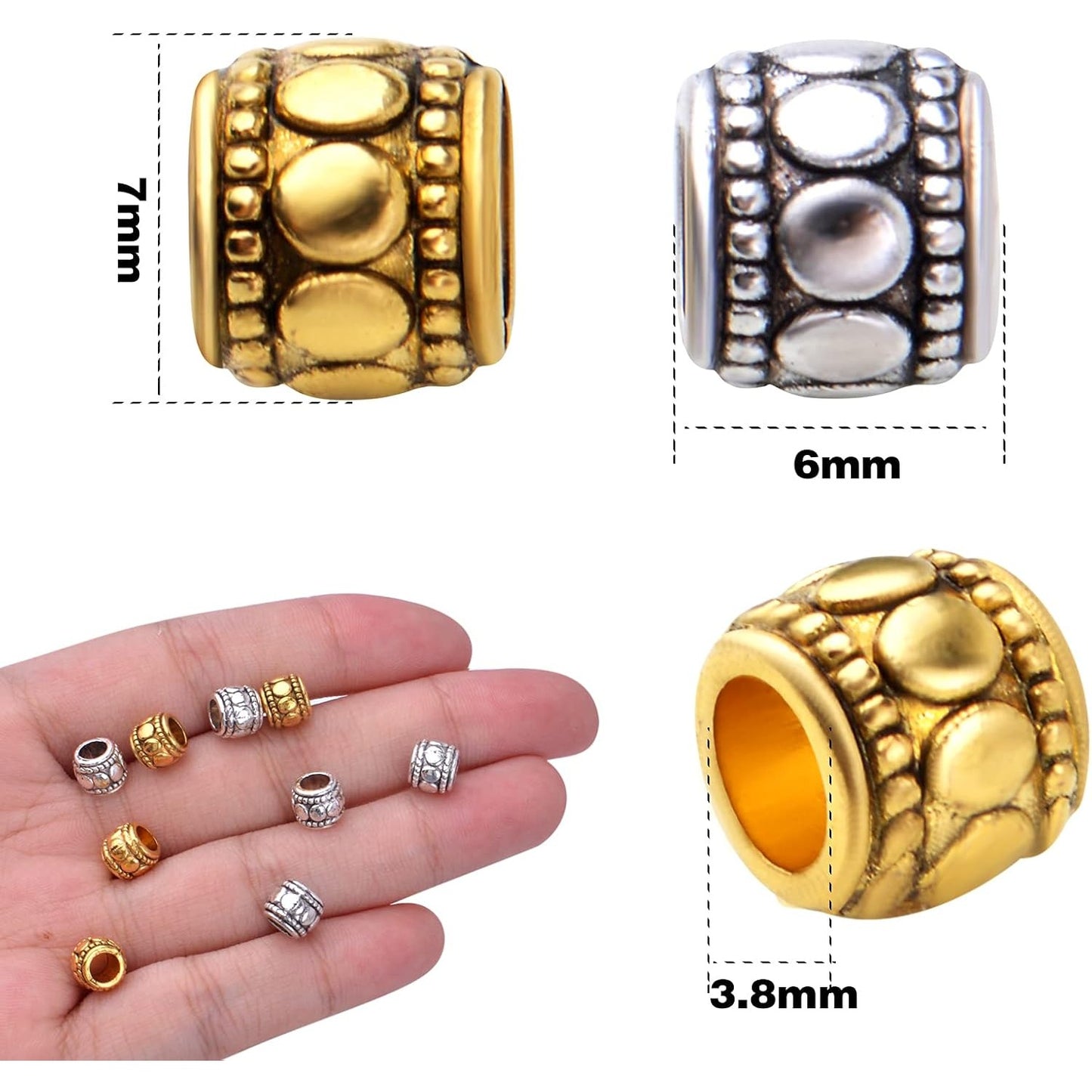 100pcs Tibetan Alloy Column Spacers Beads Vintage Barrel Beads Tube Spacers Loose Charm Beads for DIY European Bracelet Crafts Jewelry Making Findings, 7 mm x 6 mm, Hole: 3.8 mm