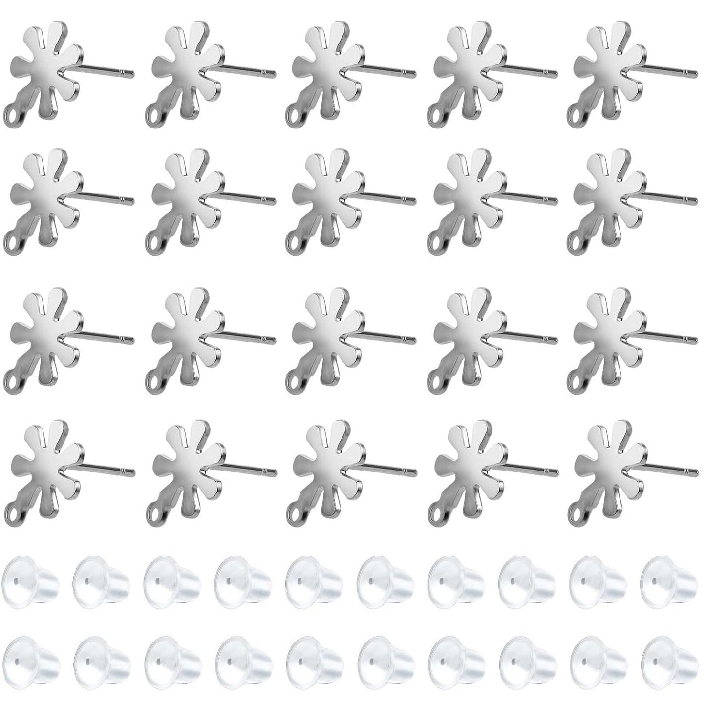 20pcs Stainless Steel Snowflake Earring Posts with Loops Hypoallergenic Stud Earrings with 20pcs Clear Earring Safety Backs for DIY Jewelry Making Findings, 2 Colors