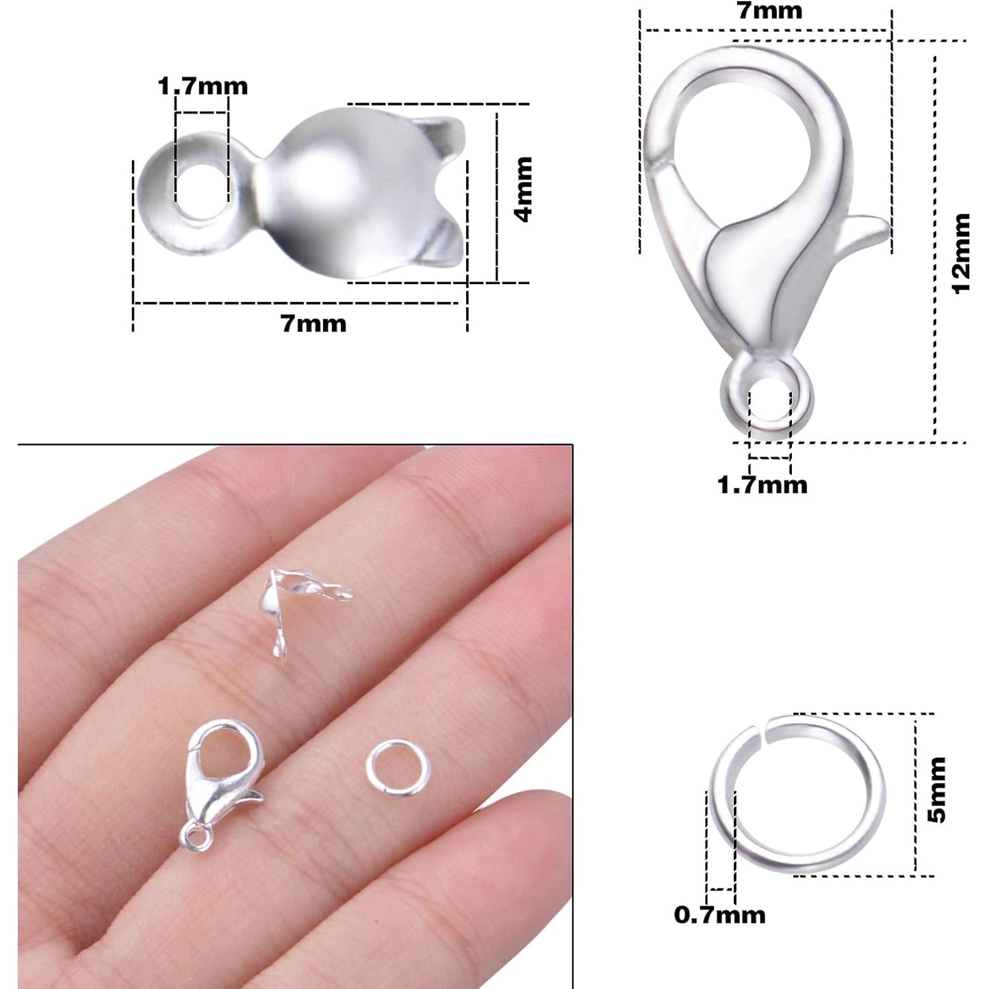 500pcs Silver Jewelry Making Accessories Set, 100pcs Lobster Claw Clasps, 200pcs Open Jump Rings Connectors and 200pcs Bead Tips Knot Covers for DIY Jewelry Crafts Making Findings