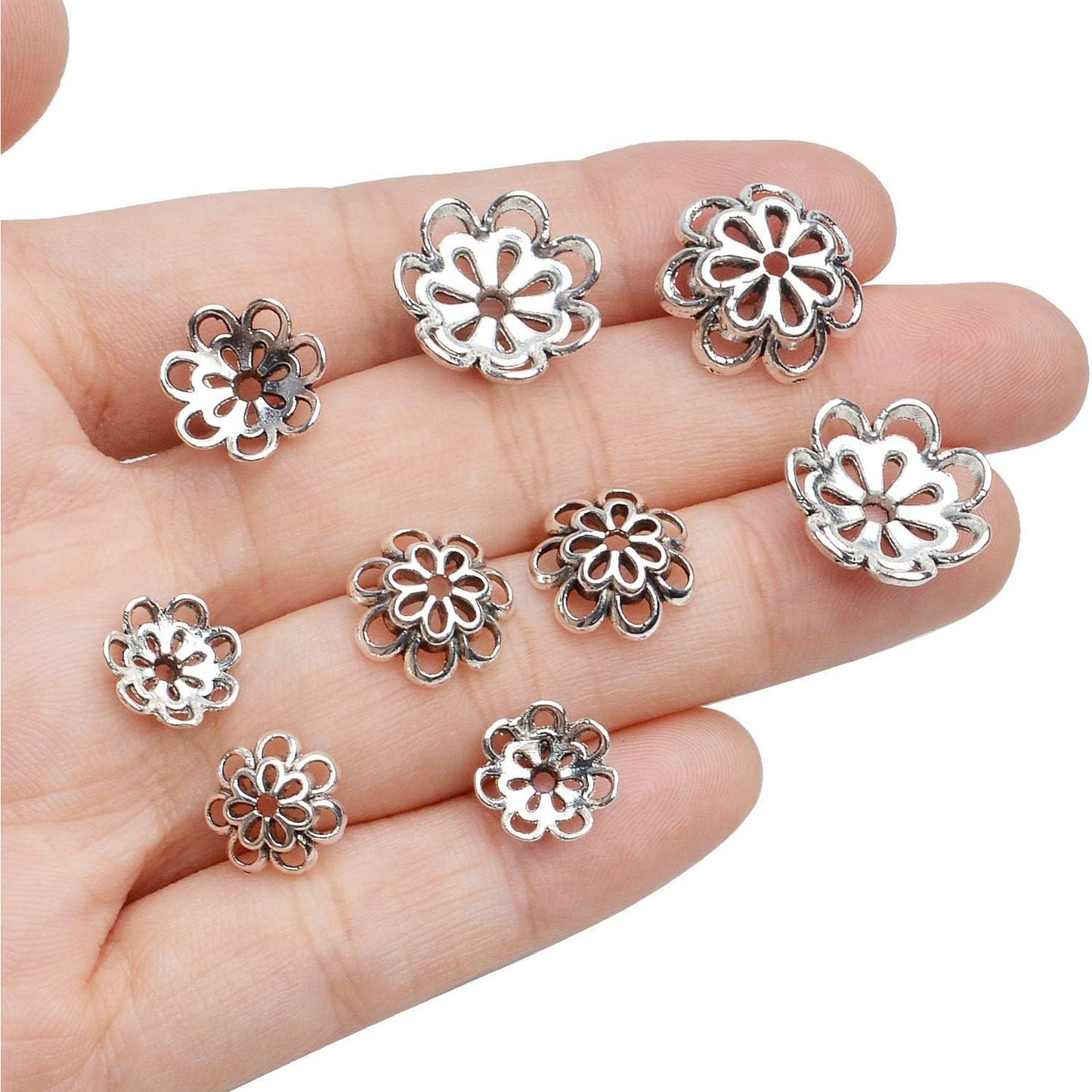 Hollow Double Flower Bead Caps - 120pcs Alloy Spacers for Jewelry Making, DIY Crafts, Bracelets, Necklaces - Antique Silver, 10mm, 12mm, 15mm