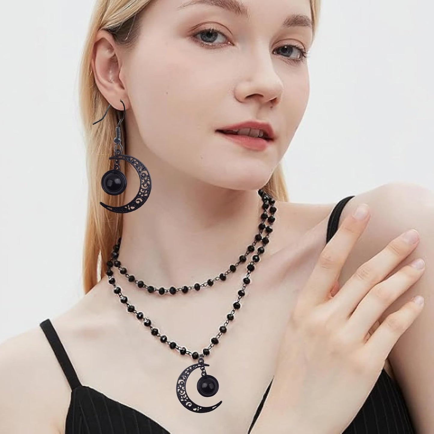 Gothic Y2K Layered Crescent Moon Necklace Black Beaded Pendant Choker Chain Moon Drop Dangle Earrings Goth Jewelry Sets for Women Ladies Halloween Party Costume Accessories