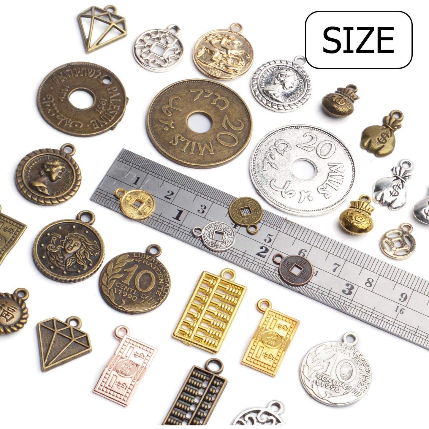 Coins Charms Jewelry, 100g(About30-70pcs) Retro Coins Cash Charms Bulk Craft Supply Mixed Shape Metal Alloy Pendants Fashion Accessories for DIY Jewelry Making