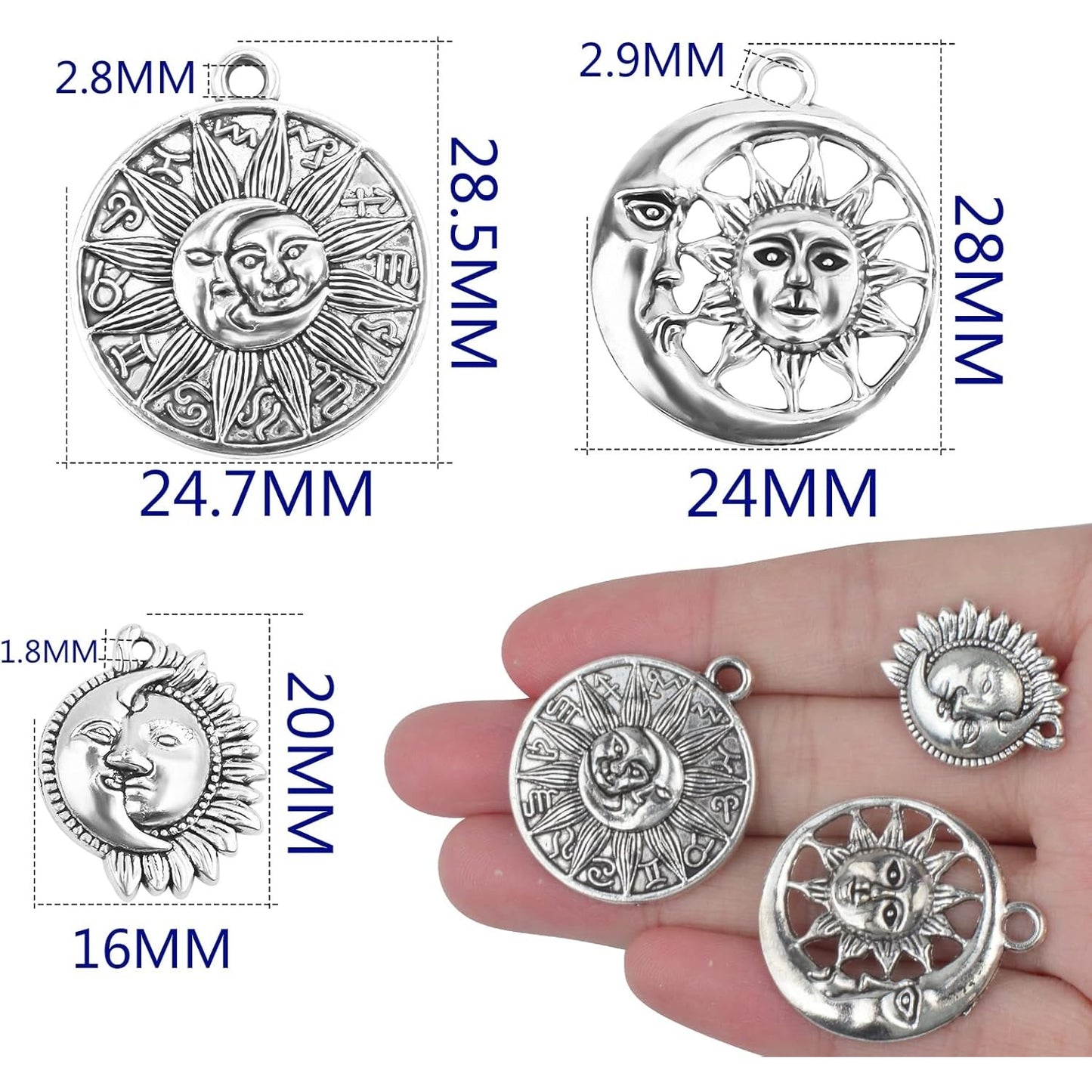 30pcs 3 Styles Sun and Moon Charms Vintage Alloy Sun Smile Face Pendants Celestial Dangle Charms for DIY Necklace Crafts Jewelry Making, Antique Silver
