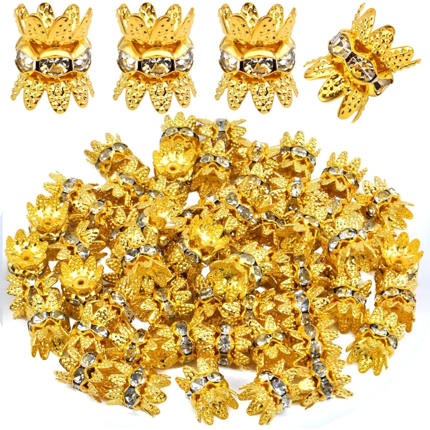 60PCS Double Flower Beads Caps with Rhinestone Petal Brass Bead Spacer Flower Caps Jewelry Making Accessories for Bracelet Necklace Earring