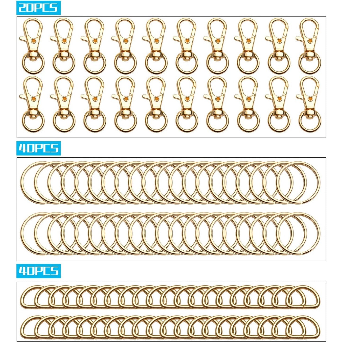 100PCS Swivel Snap Lobster Clasps Keychain Hooks 20 Pieces with Key Rings 40 Pieces and D Rings 40pcs for Bags, Lanyard Craft Making
