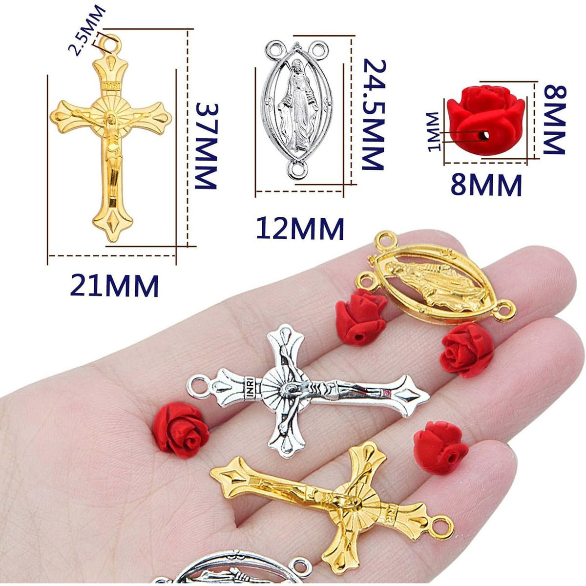 100pcs Rosary Cross and Center Charms 8mm Cinnabar Carved Red Rose Flower Beads Crucifix Cross Centerpiece Jesus Maria Medal Pendant Kit for Rosary Bracelet Necklace Jewelry Making