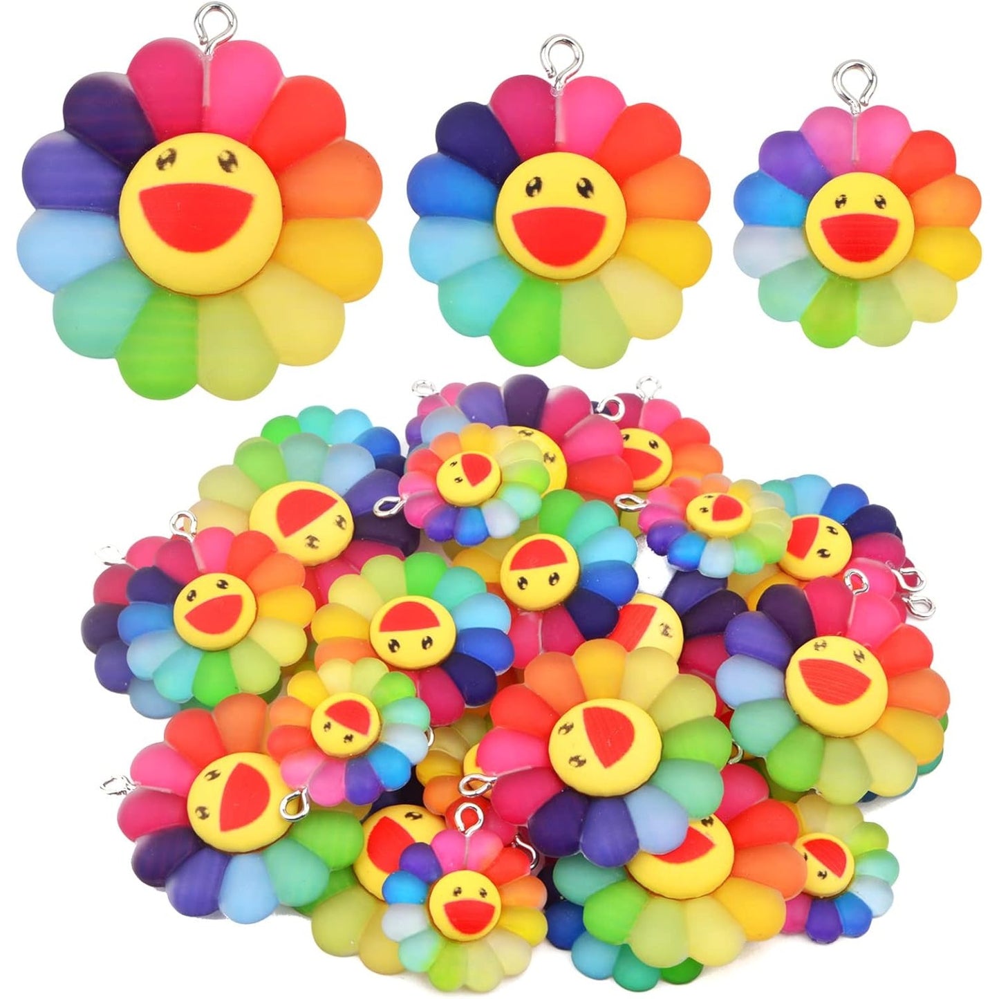30pcs Colorful Smiley Face Sunflower Charms Matte Resin Rainbow Sun Flower Dangle Pendants Collection Crafts for DIY Bracelet Necklace Earring Jewelry Making, 3 Sizes