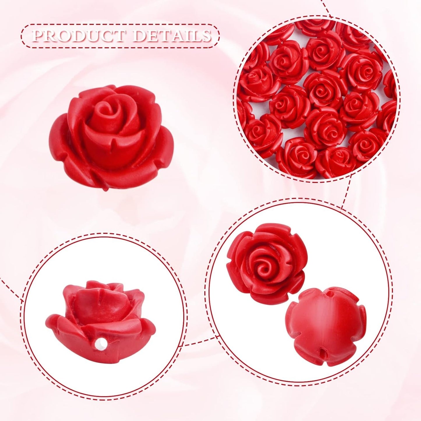 50pcs Cinnabar Carved Rose Beads Rose Flower Loose Beads for DIY Earrings Necklace Bracelet Jewelry Making Supplies Wedding Party Anniversary Favor Gifts, 10 mm x 8 mm, Hole: 1.5 mm